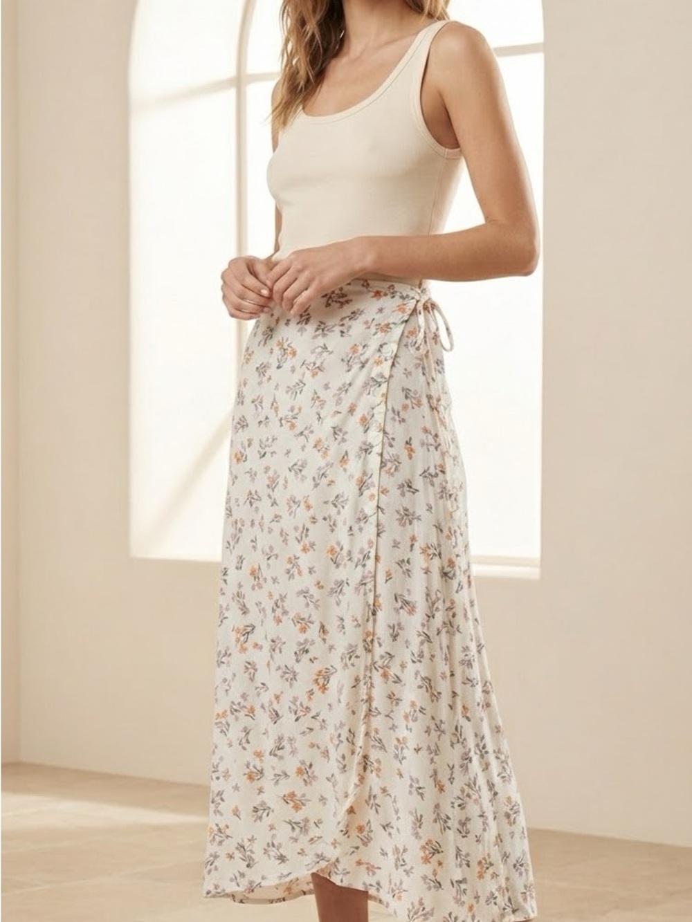 Floral Wrap Maxi Skirt in Cream